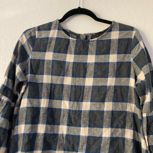 HATCH Plaid Long Sleeve Button Back Top Flannel Bell Sleeve Gray Size 1 (2-4) - Picture 3 of 9